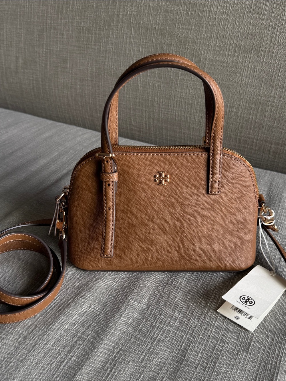 Tory Burch Emerson Dome Satchel Moose Brown Leather Crossbody Handbag with Gold